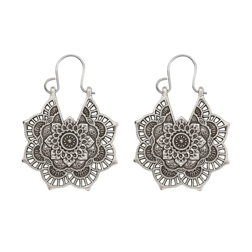 

20 Pairs Bohemian Vintage Antique Silver Color Alloy Dangle Hoop Earrings Flower Mandala Earrings for Women Jewelry Accessories