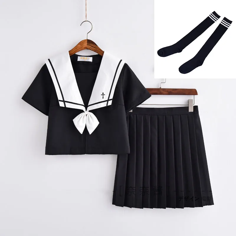 Short Set With Socks UPHYD/Новое поступление; костюм моряка для косплея; JK; школьная форма для девочек; белая рубашка с воротником и черная юбка; костюмы для студентов - Цвет: Short Set With Socks