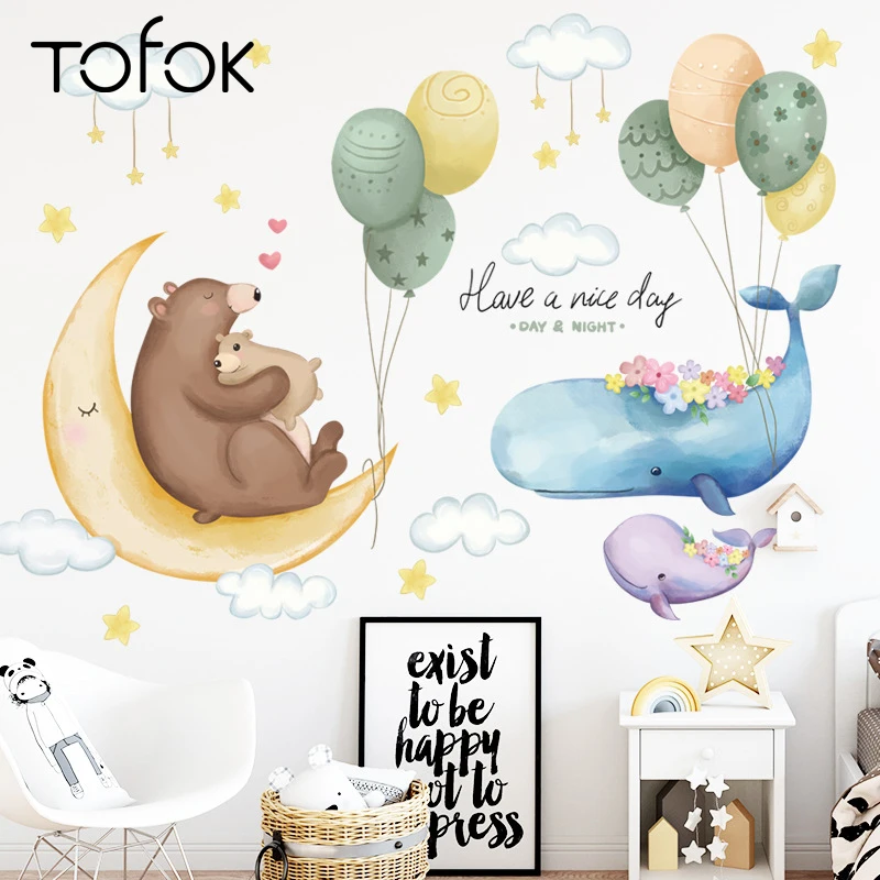

Tofok окрашенные медведя Луна домашние настенные наклейки DIY Детская комната самоклеящиеся росписи наклейки для детской двери окна украшение