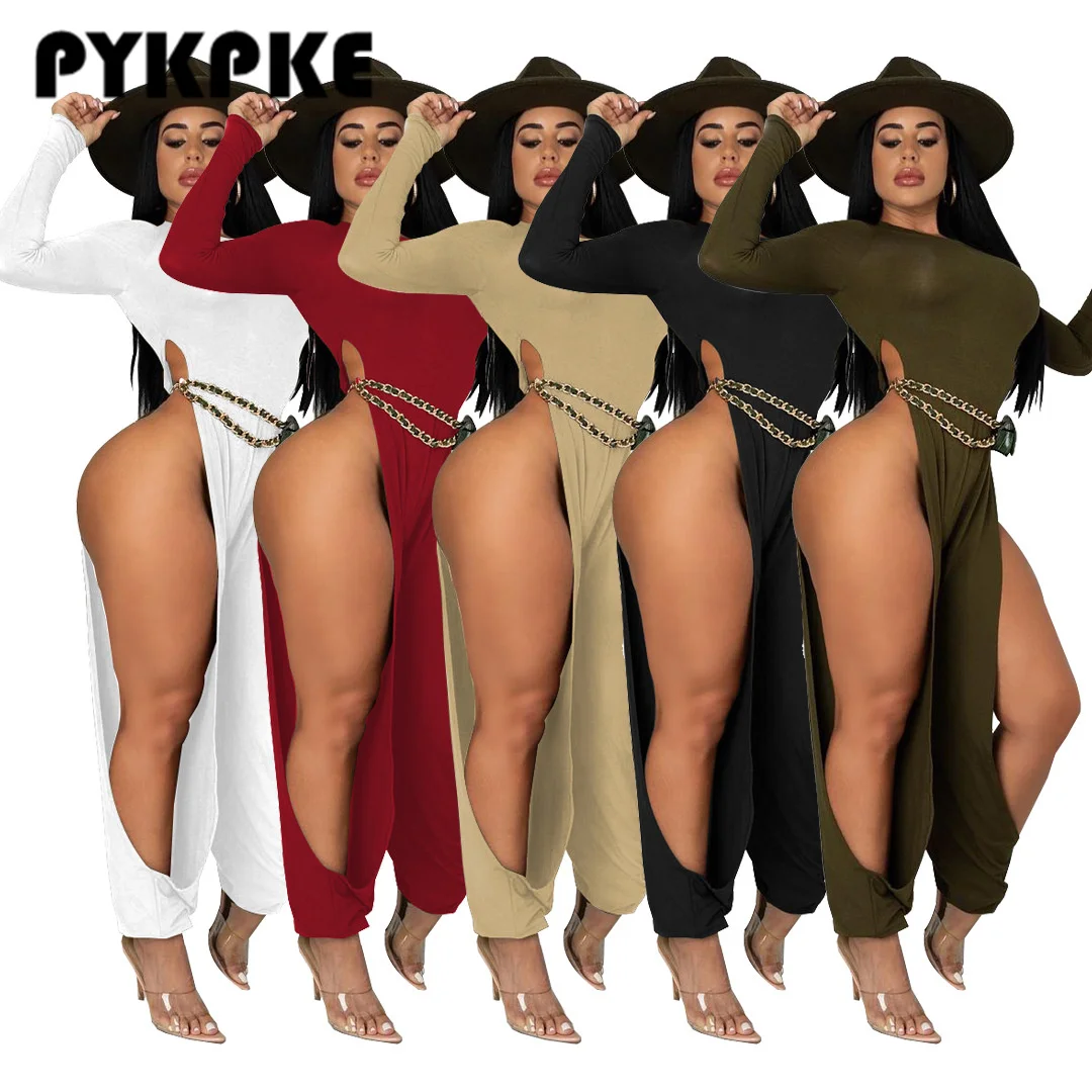 

Осенний женский комбинезон с длинным рукавом и высоким разрезом, соблазнительный клубвечерние слитный комбинезон, облегающий Блестящий Ко...