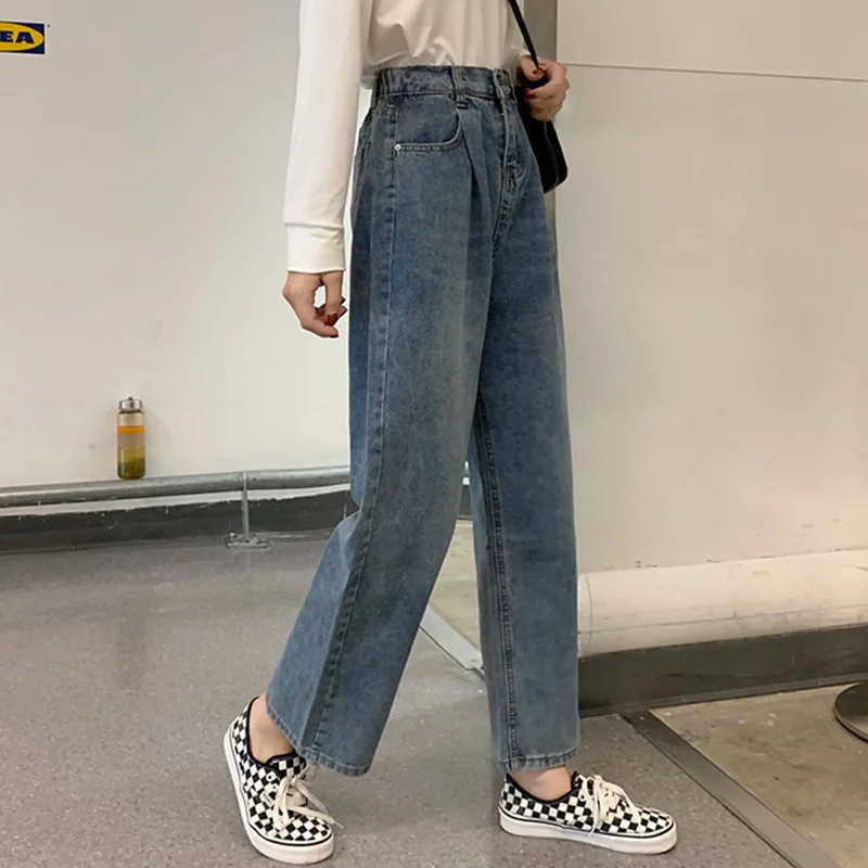 

Autumn Korean Style Loose All-Match Straight Wide Leg Cropped Pants High Waist Slimming Jeans Schoolgirl Pants Ins Fashion