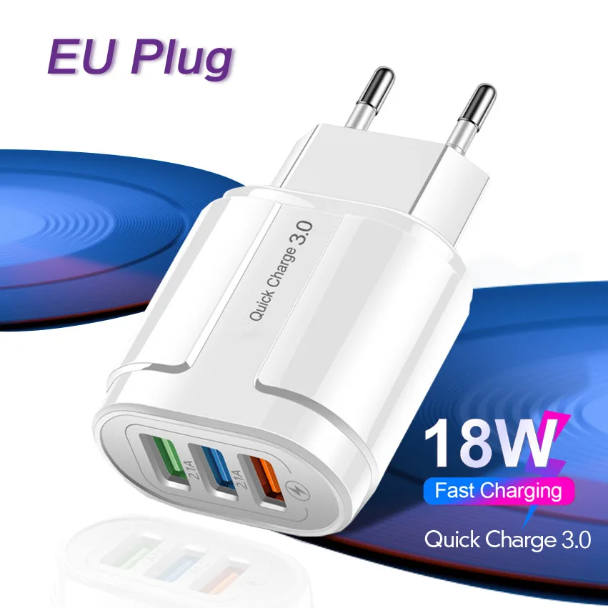 

EU/US Wall USB Charger Quick Charge 3.0 Universal Fast Charging Adapter 18W 3 Port For iPhone Samsung Phone Tablets USB Chargers