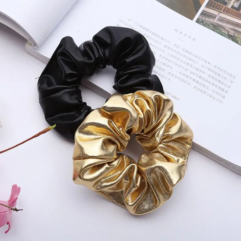 

10cm Women Girls Wide Elastic Rubber Band Glitter Gold/Back Faux Leather Hair Rope Ruched Dancing Ponytail Holder Party