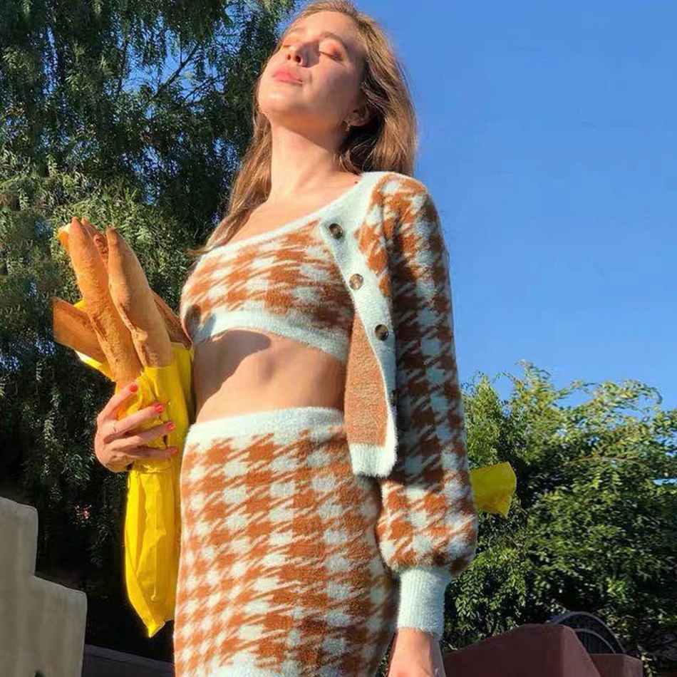 Осень зима 2019 женский модный клетчатый жилет из трех предметов облегающая юбка с