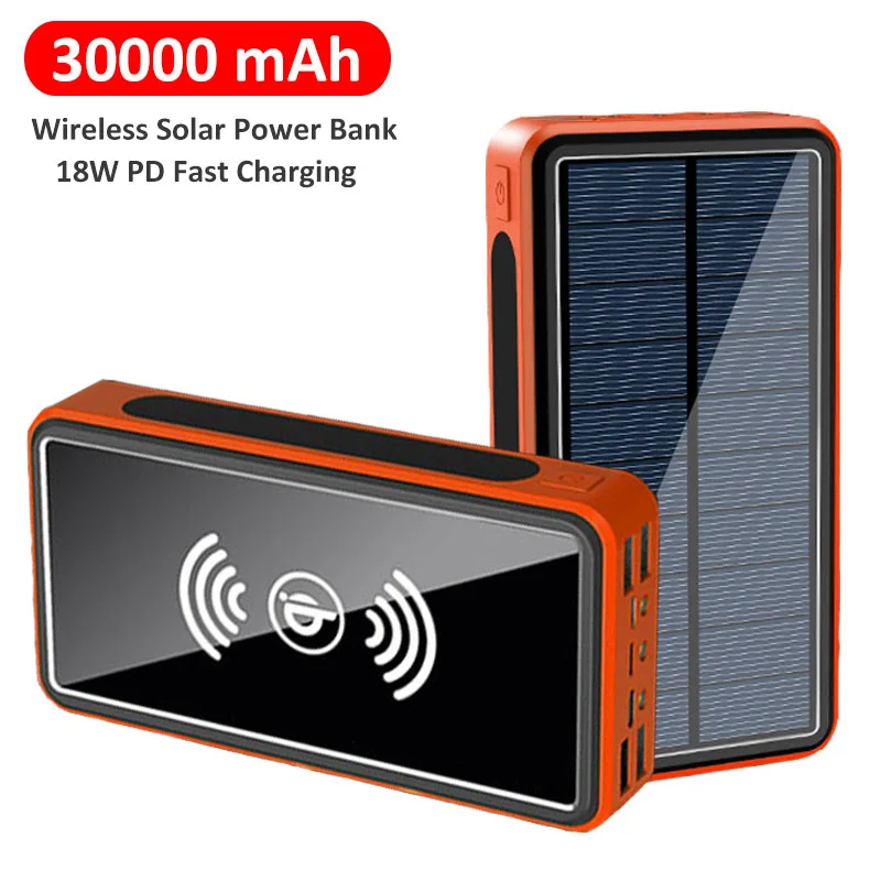 

30000 мАч Power Bank Беспроводное солнечное Powerbank для Xiaomi портативное внешнее устройство для быстрой зарядки 4) Светодиодная лампа с USB-повербанк дл...