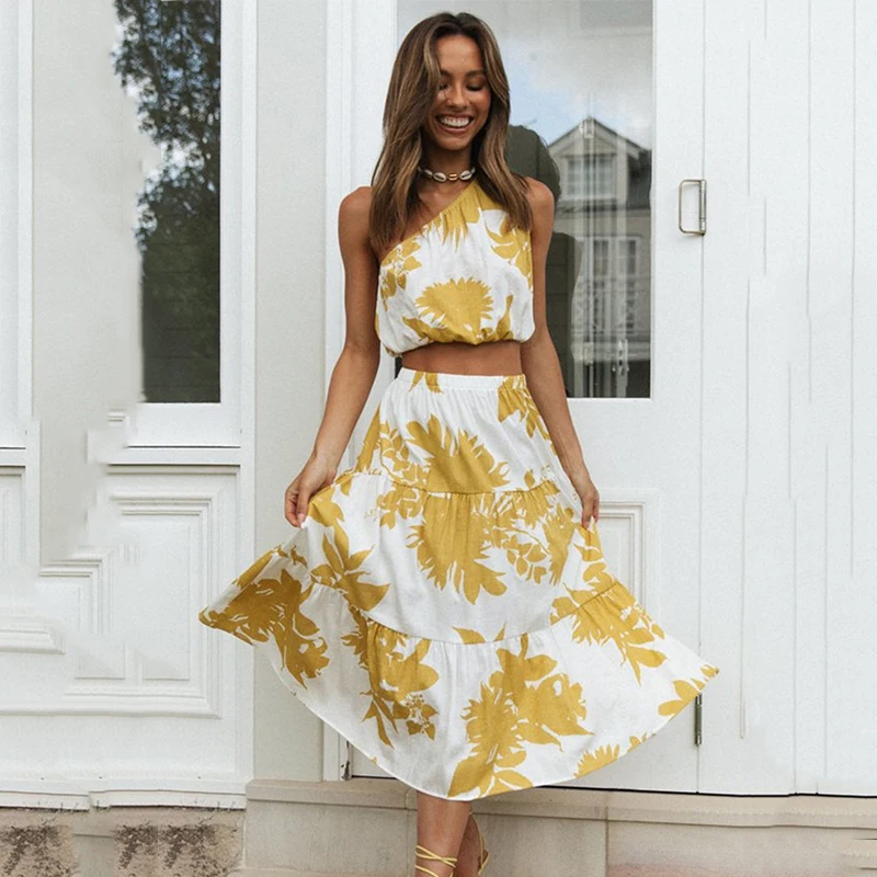 

Ardm Floral Print костюм женский летний A-Line Dress Sets Skew Collar Crop Tops Skirts Women 2021 Two Piece Set Princess Dress