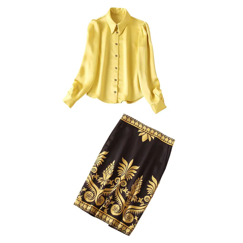 

Осенний Модный женский комплект одежды, Желтая атласная рубашка + фотография