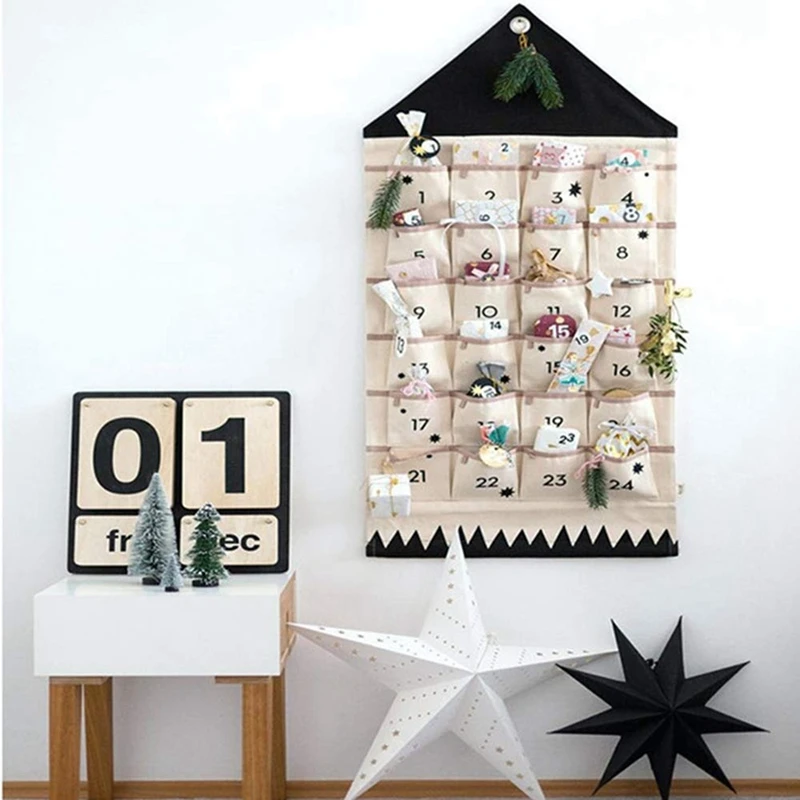 

24 Pockets Fabric Christmas Calendar to Hanging Xmas Ornaments Party Advent Drawstring Bags Embellishments Hanging Bag