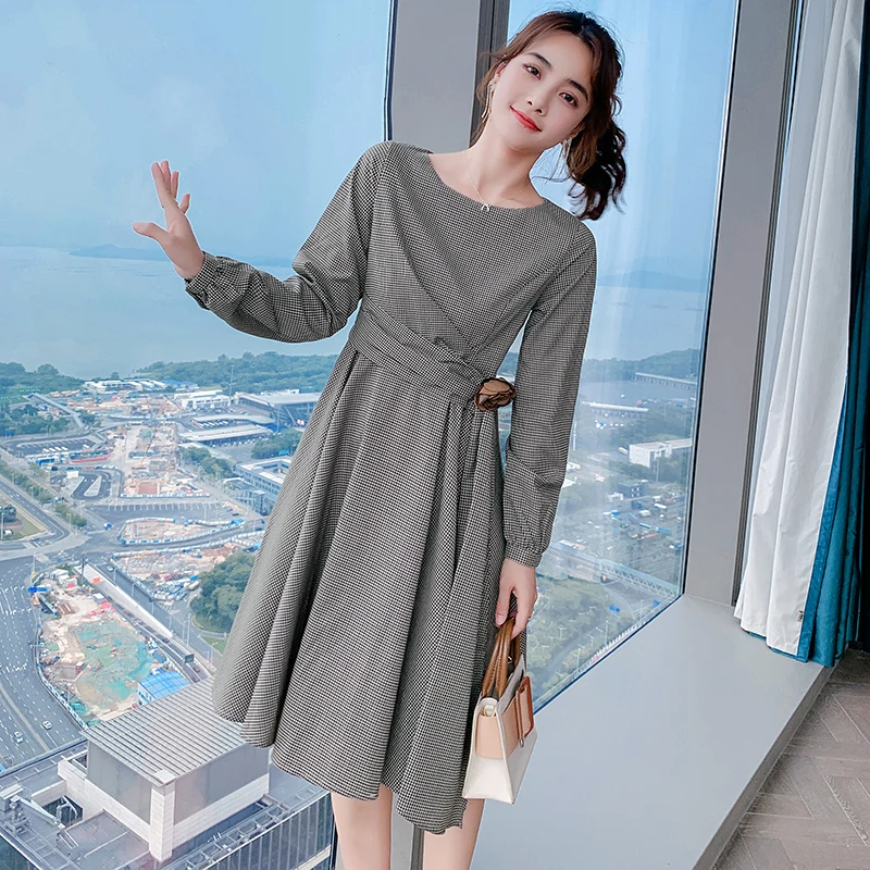 

Женское платье с круглым вырезом, повседневное платье в Корейском стиле с длинными рукавами, со шнуровкой, осень 2021