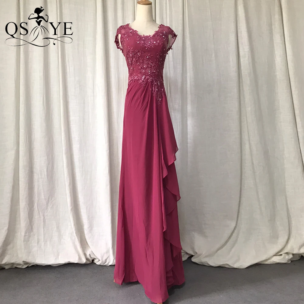 

Cap Sleeves Burgundy Prom Dresses Chiffon Lace Evening Party Gown Ruched Beaded Appliques Keyhole Back Formal Dress