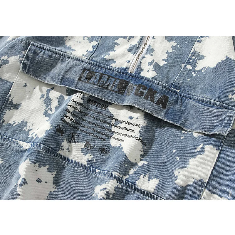 

Aolamegs Patchwork Tie Dye Cartoon Print Denim Hoodie Men Baggy Half Zipper Hip Hop High Street Cargo Cowboy Pullover Streetwear