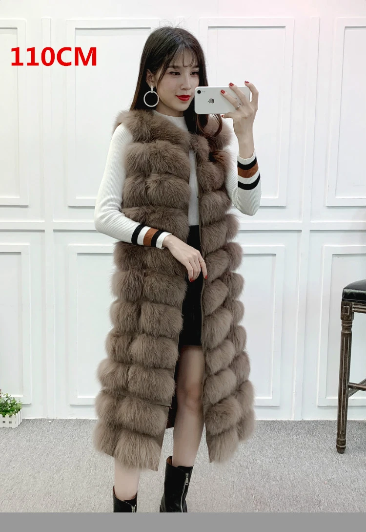 Kahki 110cm Уникальный дизайн X-Long жилет из натурального меха лисы полный ремень женский длинный тонкий натуральный мех пальто с карманами молния спереди 90 см/110 см - Цвет: Kahki 110cm