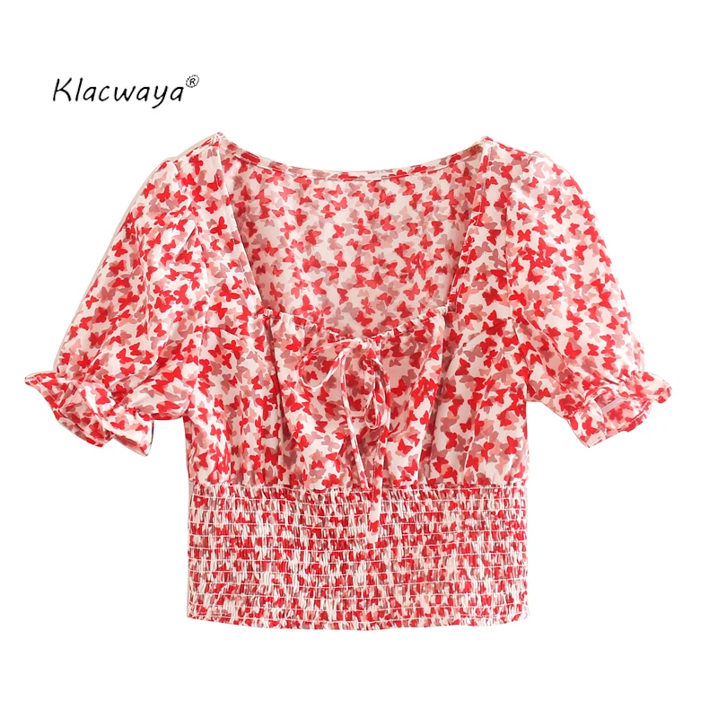 Женская футболка Klacwaya 2020 милая модная с эластичным поясом и коротким принтом