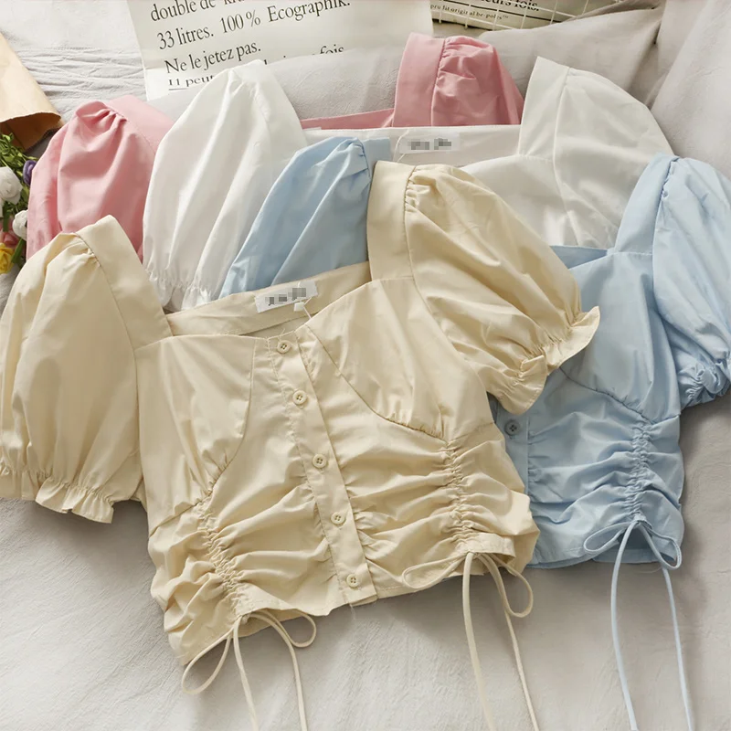 

2021 Summer New Drawstring Ruffle Square Collar off-Shoulder Small Shirt Female Korean Style Solid Color Short Puff Sleeve Top