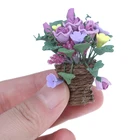 Миниатюрные глиняные цветы для кукольного домика, ротанговый горшок, сказочный садовый аксессуар для растений, масштаб 1:12, фиолетовый цветок