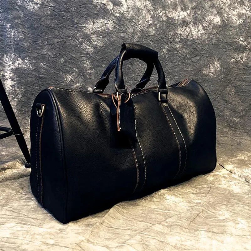 Men's Black Handbag Travel Bag 100% Natural Leather Large Capacity Duffle Multifunction Pocket Tote Casual Crossbody Bags | Багаж и