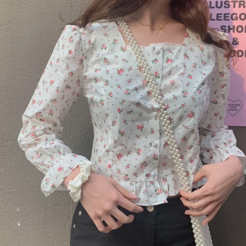 

2020 New Arrivals French Retro Blouse Shirt Floral Print Long-sleeved Sweet Blusas Casual T-shirts for Spring Autumn