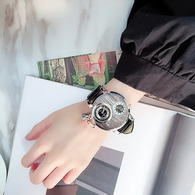 Крутые серебряные мужские часы с двойным дисплеем металлическим циферблатом