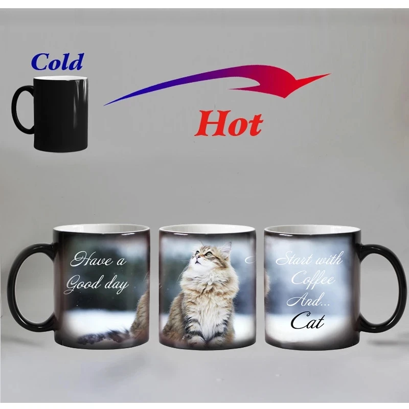 

Free shipping Lovely CAT Heat Reveal Mug Ceramic Color Changing Coffee Mugs Magic Tea Cup Mug as gift for friends
