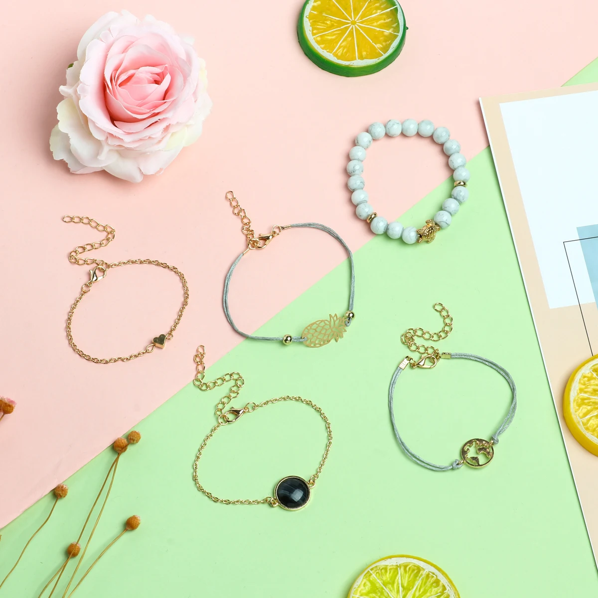 

5Pcs/set Fashion Beach Peach Heart Turtle Pineapple Beads Bracelet Set Bohemian Jewelry Accessories For Women
