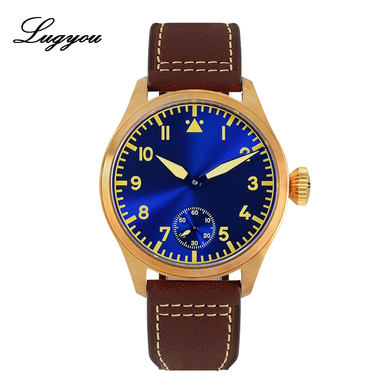 Lugyou San Martin, бронзовые Мужские часы-пилот, ручная обмотка, Чайка, 6498 сапфир, кожаный ремешок C3, зеленый, светящийся, 44 мм, со скелетом сзади