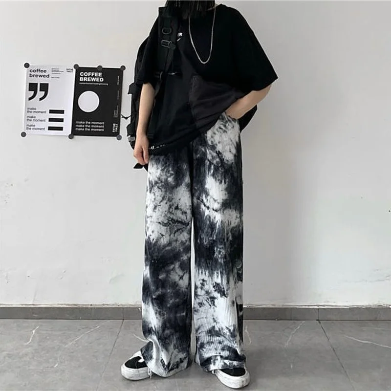 

HOUZHOU Black Green Vintage Tie Dye Pants Korean Fashion Streetwear Women Oversize Punk Gothic Wide Leg High Waist Trousers