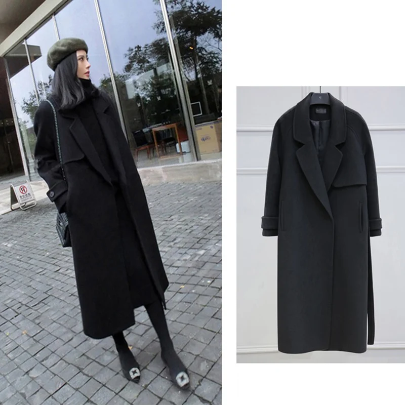 Женское шерстяное Смешанное пальто осенне-зимнее черное длинное кашемировое