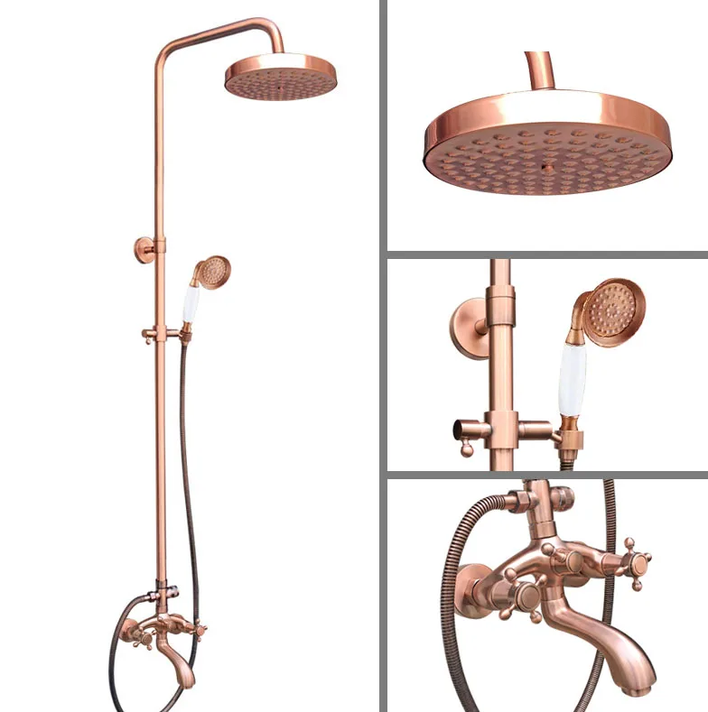 

Antique Red Copper Brass Dual Cross Handles Bathroom 8 Inch Round Rain Shower Faucet Set Tub Mixer Tap Hand Shower mrg505
