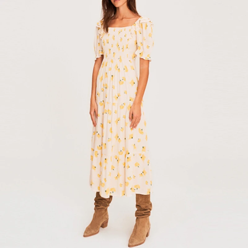 

Женское длинное платье с цветочным принтом, желтое плиссированное платье с оборками, рукавами-фонариками и открытой спиной, с высокой талие...