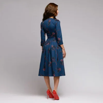 

Printing Women Midi Dress 2020 Fashion O-neck Slim Autumn Party Dress Female Casual A-line Vestidos Plus Size Blue Work Dress