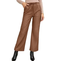 try to bn fashion new faux leather pants high waist pants pockets sexy slim wide leg pants straight trousers streetwear