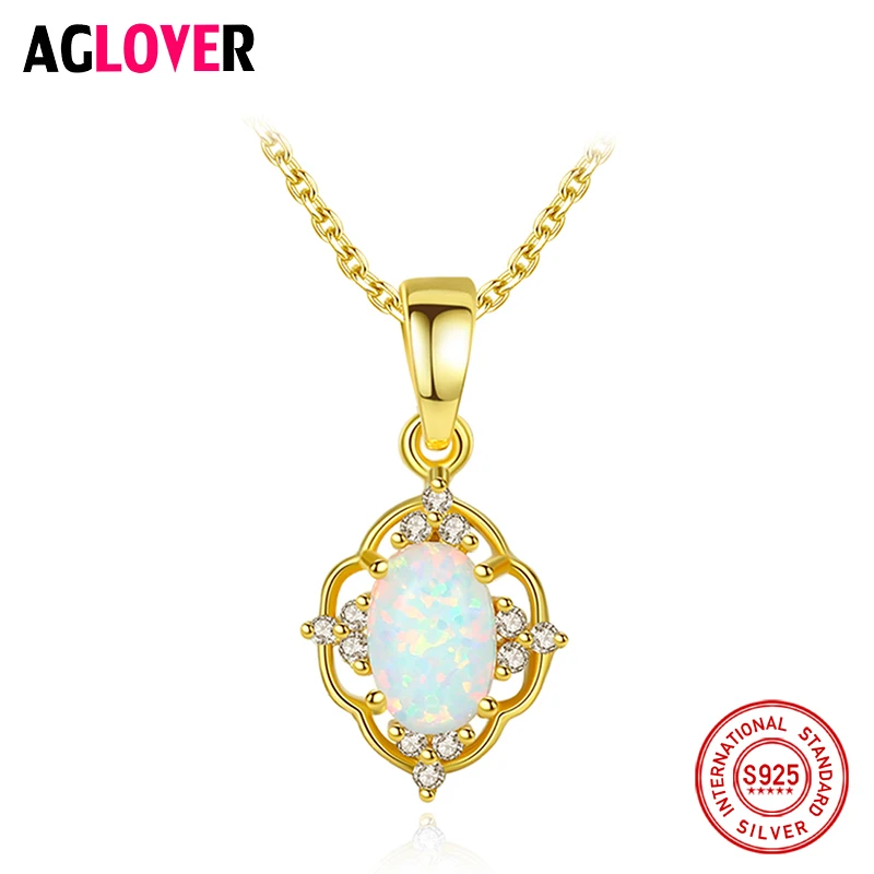 

AGLOVER 925 Sterling Silver Necklace Luxury White Opal Pendant Statement Necklace For Woman Fashion Beautiful Jewelry Gifts