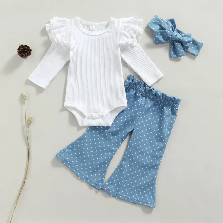 

Newborn Baby Girls Casual Outfits Baby Girls Ribbed Fly Sleeve Knitted Romper Dot Print Flared Pants Bowknot Headband Set 3pcs