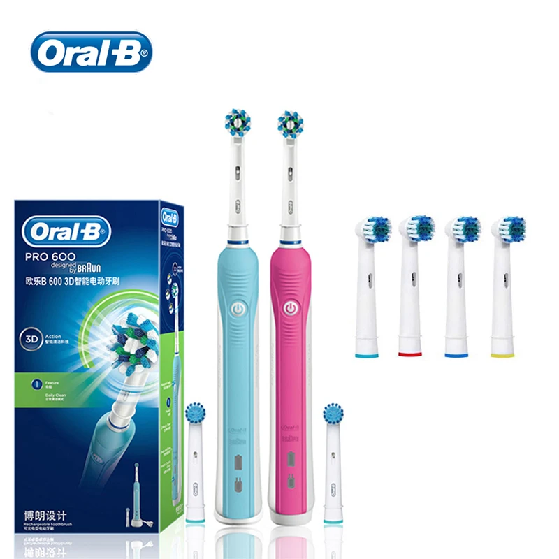 Oral B Electric Toothbrush Pro600 Rotating Clean Teeth Whiten Teeth Adult Teeth Brush Inductive Charge With 4 Extra Brush Heads