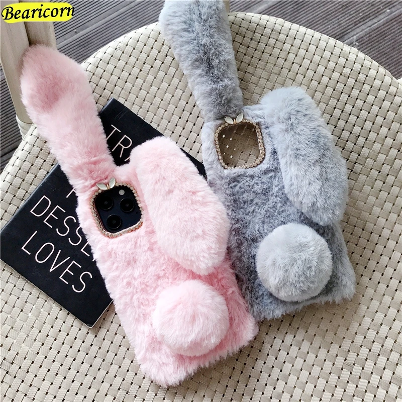 soft plush phone case for iphone 11 12 pro xr x xs max mini 7 8 6 6s plus max 5 5s se 3d furry rabbit bunny fur back cover free global shipping