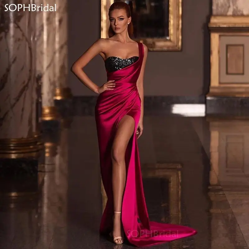 

New One Shoulder Evening Dresses 2021 Sexy Side Split Long Prom Gowns Party Pageant Dress Robe De Soiree Vestidos de Fiesta