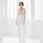 Комбинезон с глубоким V-образным вырезом, свадебные платья 2021, Кружевная аппликация, с расклешенными рукавами, мористая Женская одежда, выполненный на заказ костюм-брюки, иллюзия