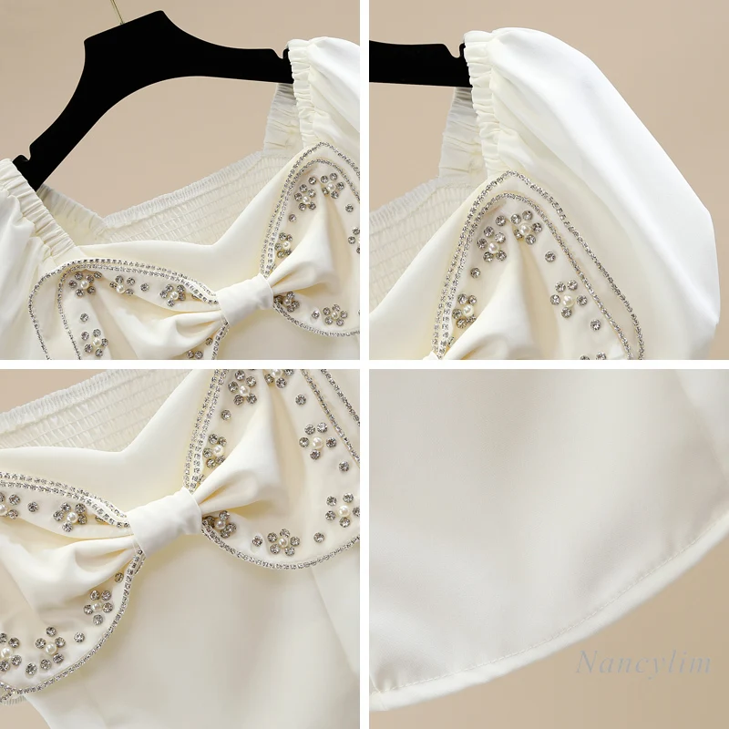 Haut Court Pour les femmes de L'industrie Lourde Perles Diamant intégré Tridimensionnel Grand Arc Rétro Manche Gigot Dos Plissé Élastique Chemise