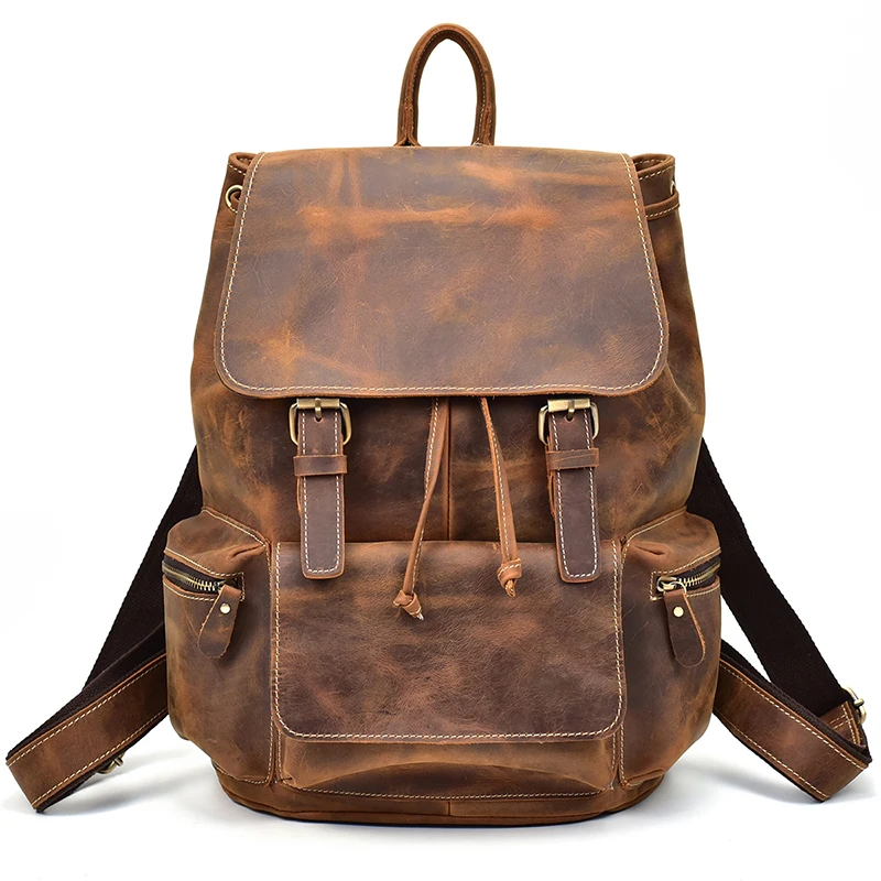 brown Мужской винтажный кожаный рюкзак crazy horse, унисекс, коровья кожа, 14 дюймов, рюкзак для ноутбука, женский, толстый, настоящая кожа, школьная, Повседневная сумка, SA-8 - Цвет: brown