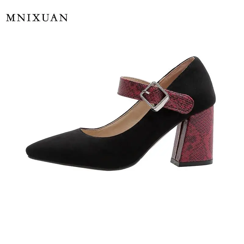 

MNIXUAN Nigeria sexy black suede block heels shoe spring 2020 new arrival pointed heels strap high heels mary Jane snake shoes