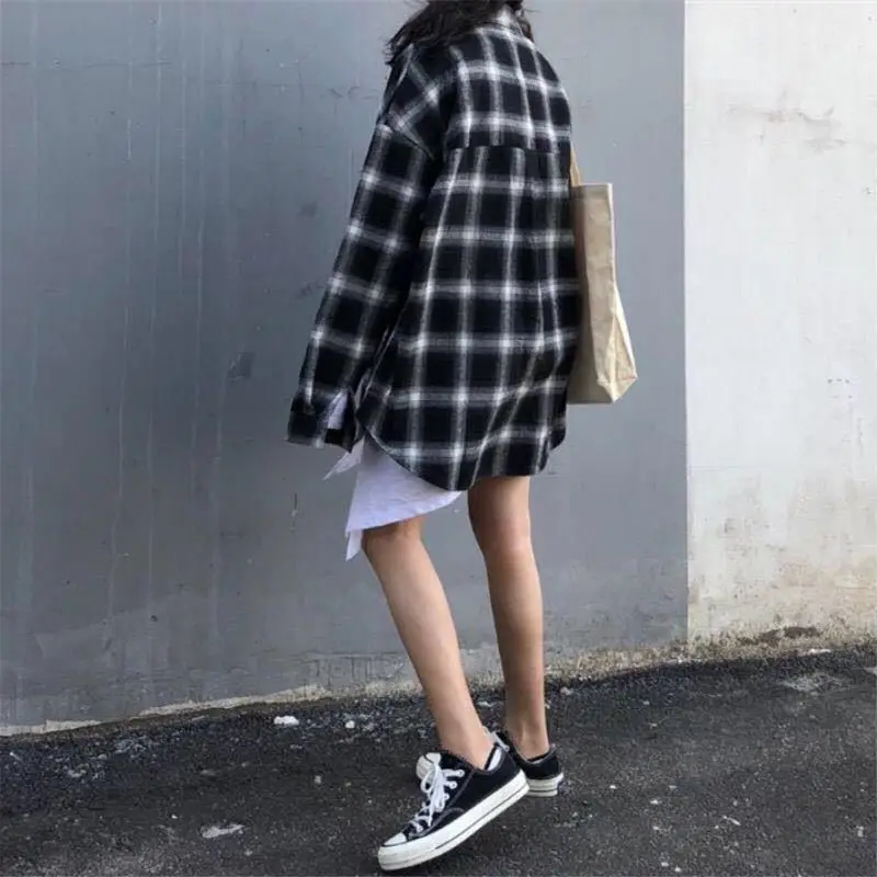 Рубашка женская клетчатая большого размера с длинным рукавом | Женская одежда