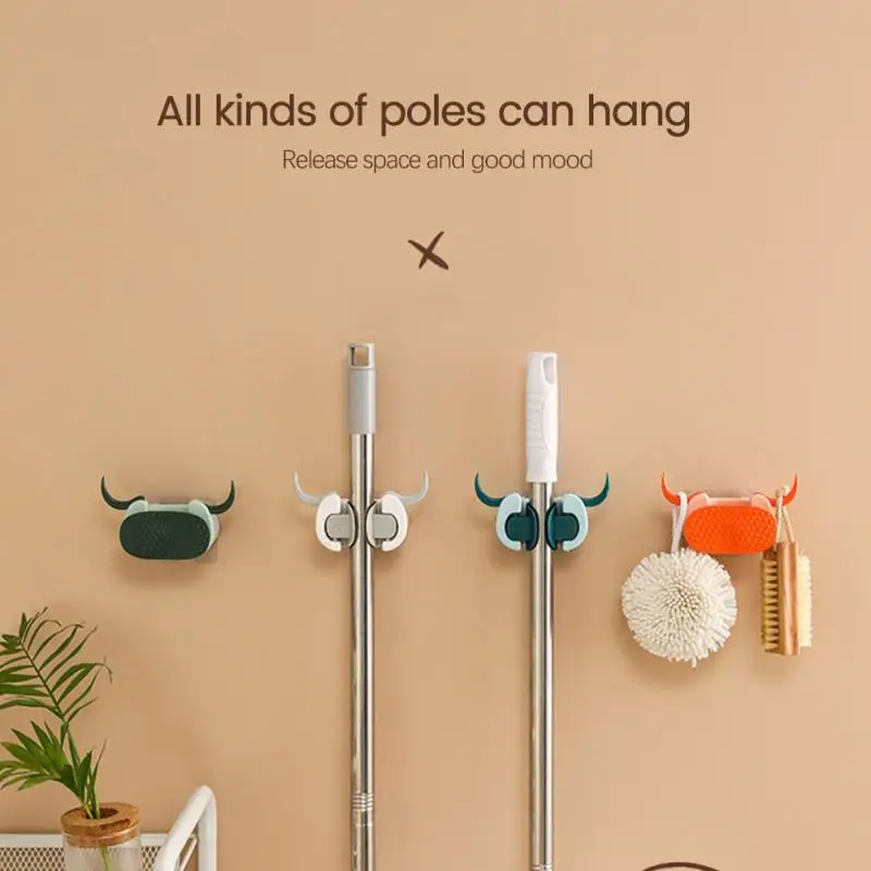

Bull Head Wall Hanging Mop Rack Hook Seamless Bathroom Bathroom Storage Broom Hanger Bathroom Free Punch Mop Clip Storage Rack
