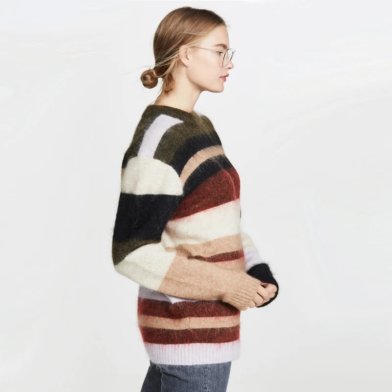 Woman Rainbow Striped Mohair Sweater Loose Long sleeve women sweater Round Neck Pullover Crop | Женская одежда