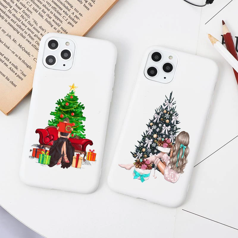 

New year Merry christmas girl Candy Color white Phone Cover For iPhone 11 12 13 Pro Max X XR XSMax 6 6S 7 8 Plus Soft TPU Case
