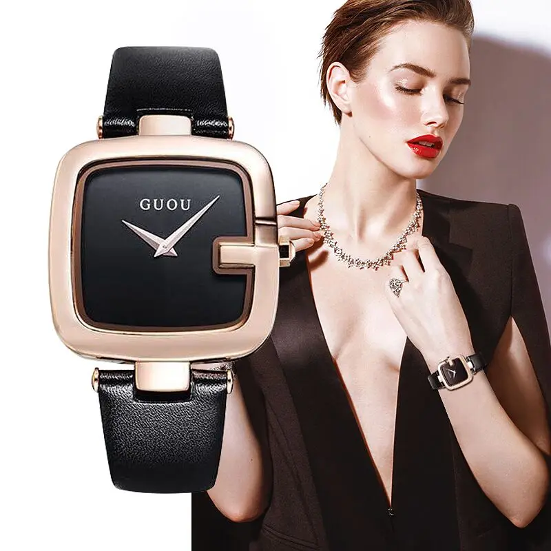 Фото Guou Top Brand Women's Watches 2022 Square Fashion Zegarek Damski Luxury Ladies Bracelet For Women Leather Strap Clock Saati №1