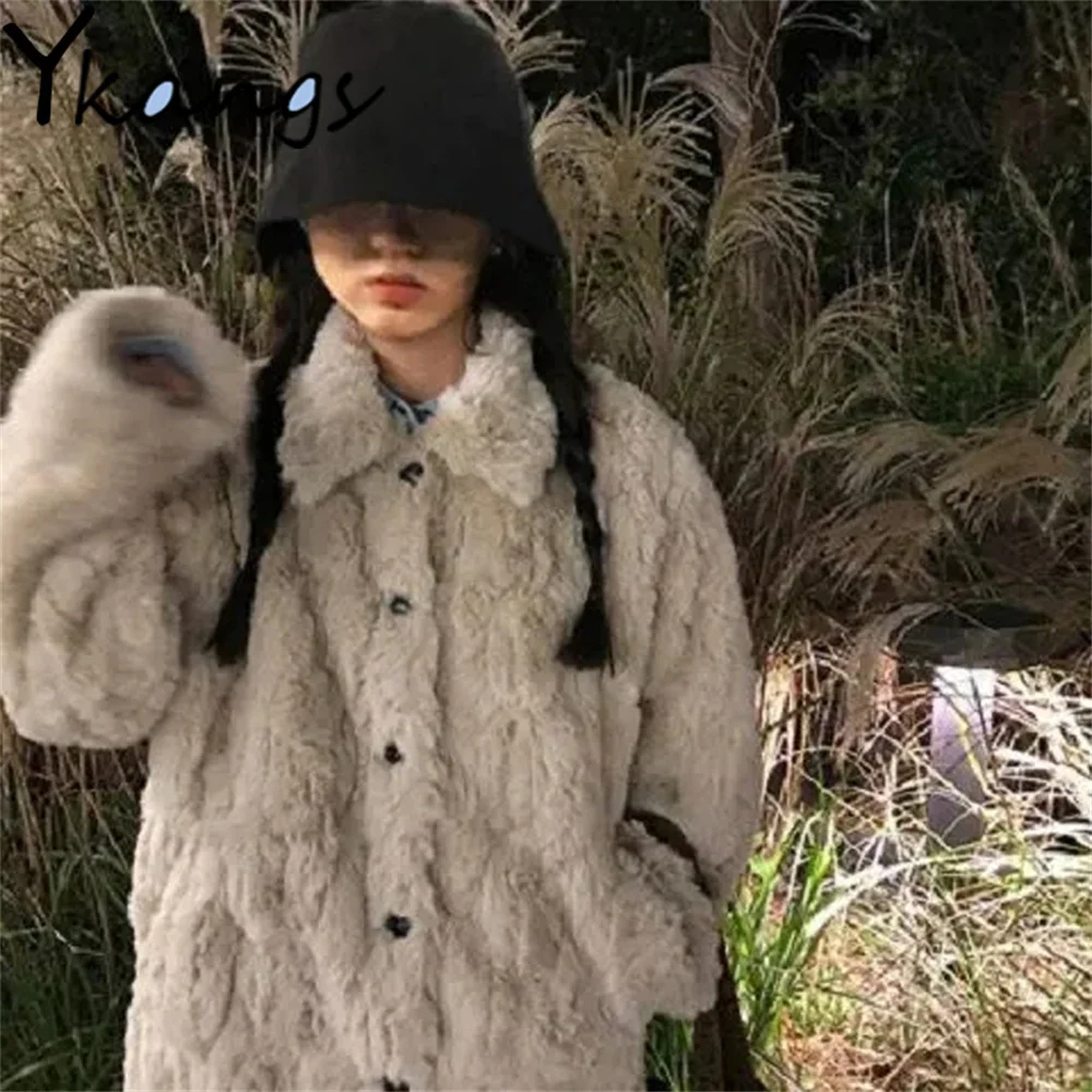 

Элегантная плюшевая парка с имитацией кроличьего меха, однотонная Милая Толстая теплая зимняя женская куртка, винтажное роскошное коротко...