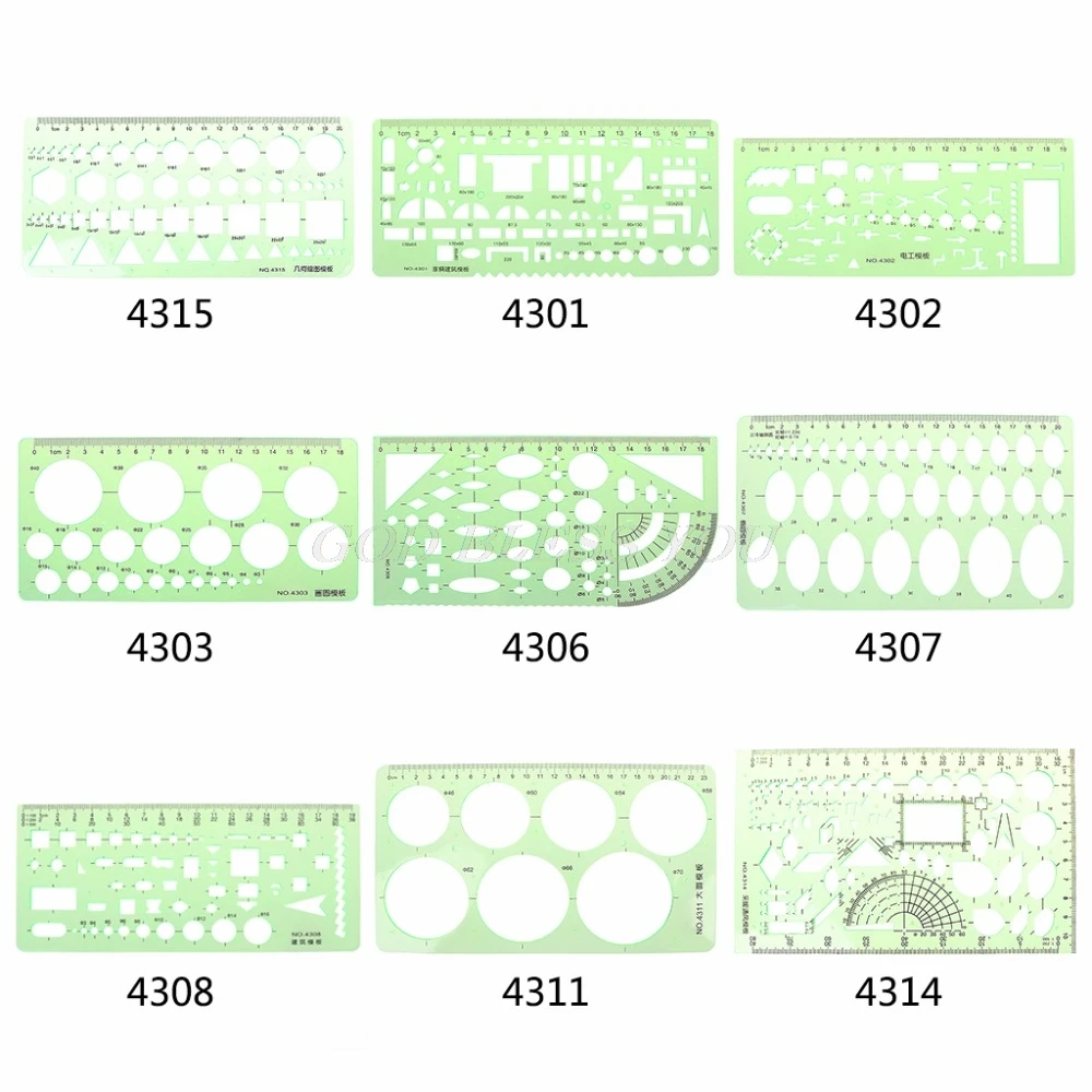 

9 different rulers Green Plastic Circles Geometric Template Ruler Stencil Measuring Tool Students Drop Shipping