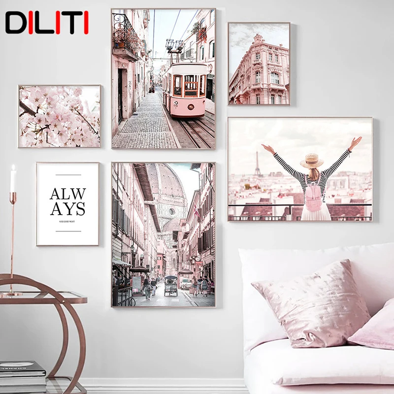 

Paris Tower Tram Vintage Building Canvas Painting Nordic Cherry Blossoms Print Poster Wall Pictures for Living Room Home Decor
