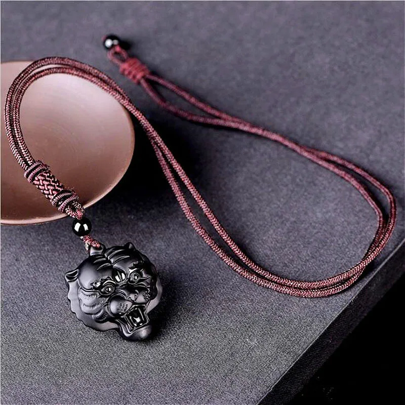 Натуральный черный обсидиан голова тигра кулон бусы ожерелье модное очарование