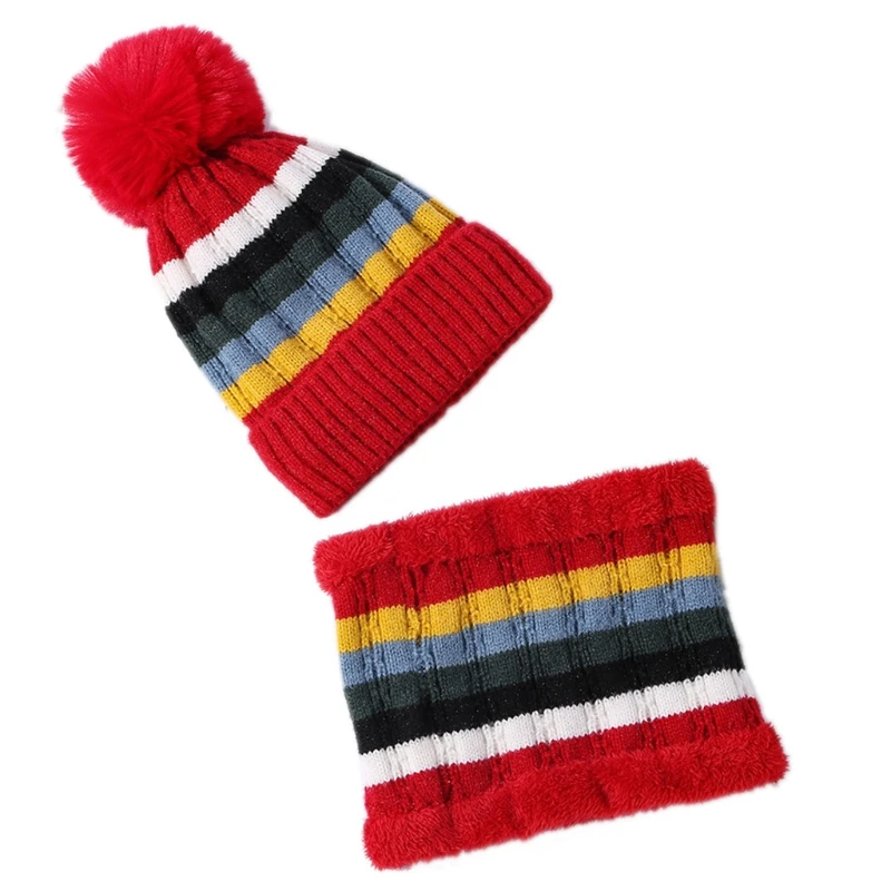 

Women Winter Knit Faux Fleece Lined Pompom Beanie Hat Colorful Striped Scarf Set XX9D